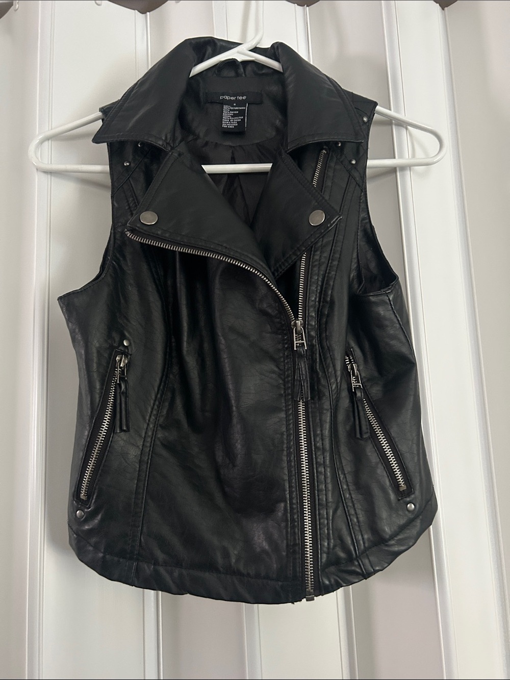 Paper Tee - Black Faux Leather Zip Moto Vest, Size S